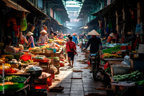 Morning Market Bustle: A Dynamic Scene in Da Nang with Shoppers Exploring Local Delicacies and Household Goods. 