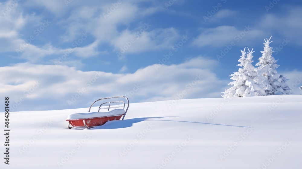 A solitary sled sits on fresh snow.