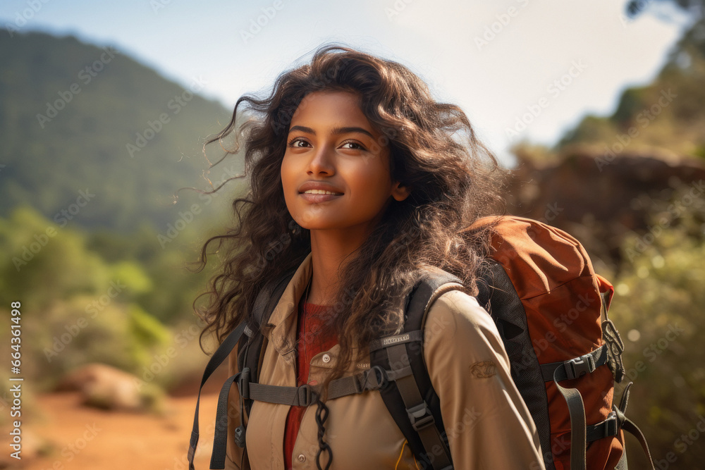 Indian female hiker hiking in the mountains with a backpack Indian female hiker hiking in the mountains with a backpack