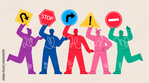 Group of people holding traffic road signs such as stop, u turn, turn right, caution, and no entry sign. Colorful vector illustration