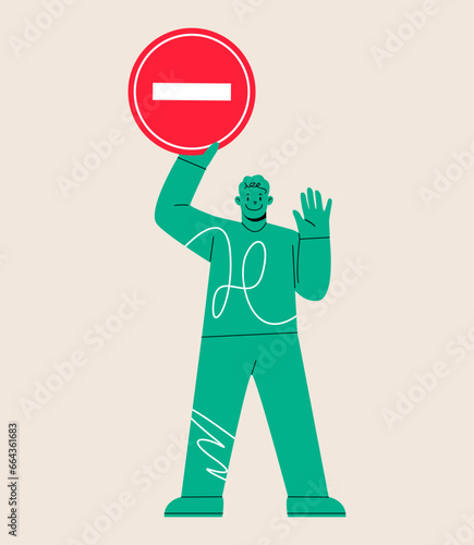 Men holding traffic road sign no entry. Colorful vector illustration