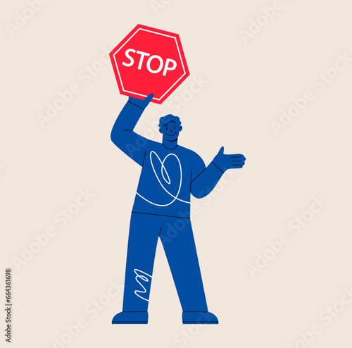 Men holding traffic road sign stop. Colorful vector illustration