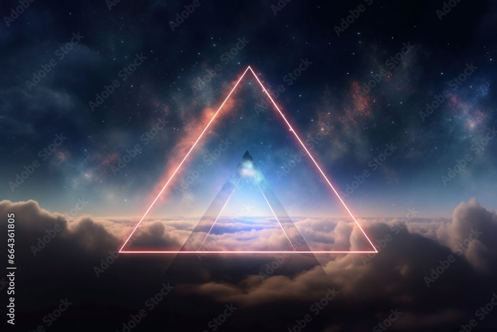 abstract neon triangle in the clouds, on a dark background. geometric figure glows at night in the black sky.