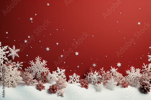 White snowflake print, ppt template, copy space, red and green background. AI generative