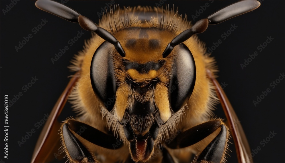 Detailed close-up macro photography of a bee insect collecting polen - obrazy, fototapety, plakaty 
