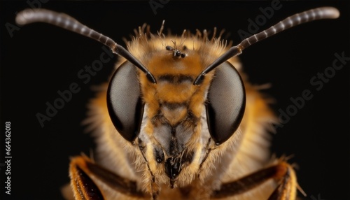 Detailed close-up macro photography of a bee insect collecting polen © raul
