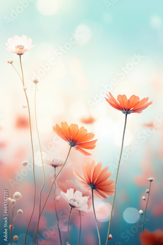 delicate texture of orange and blue colors. flowers in the meadow with background blur and bokeh. place for text