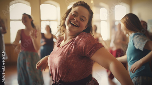 Inclusive dance class where the person with Down Syndrome exudes confidence and enjoyment.