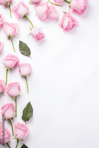 pink roses on a white background. mockup, card or invitation. Flat lay, top view. valentine's day or wedding