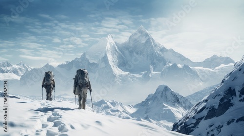 Climbers walking on snow-covered mountain. travel concept.