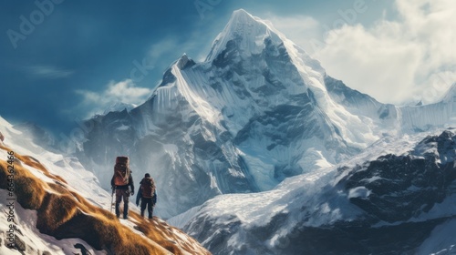 Climbers walking on snow-covered mountain. travel concept. #664362466