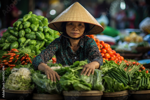Cultural Heritage: Vietnamese Vendor in a Traditional Conical Hat Selling Fresh Produce, Herbs, and Vegetables at the Market.   © Mr. Bolota