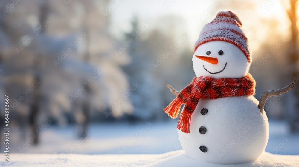 Fototapeta premium A cheerful snowman adorned with a scarf and hat stands in a snowy expanse.
