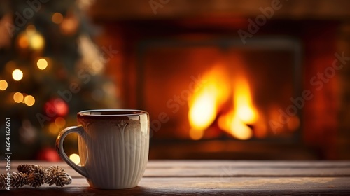 A mug filled with warmth rests on the side, its rising steam contributing to a snug setting, offering plenty of space for holiday greetings.