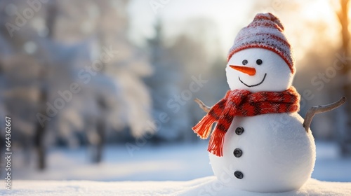A cheerful snowman adorned with a scarf and hat stands in a snowy expanse. © rorozoa