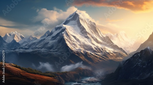  a painting of a mountain range with a river running through it. generative ai