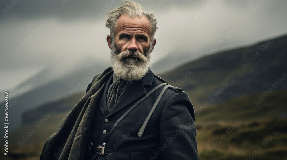 Proud Scottish man in clan kilt standing on misty moors.