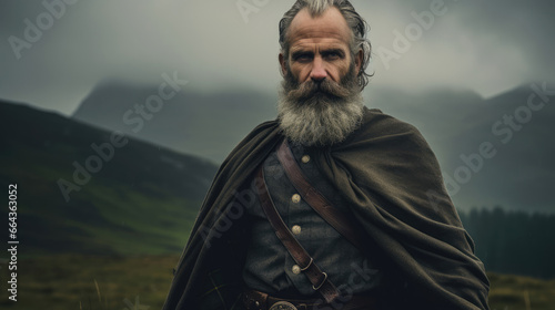 Determined Scottish man in clan kilt on misty moors. photo