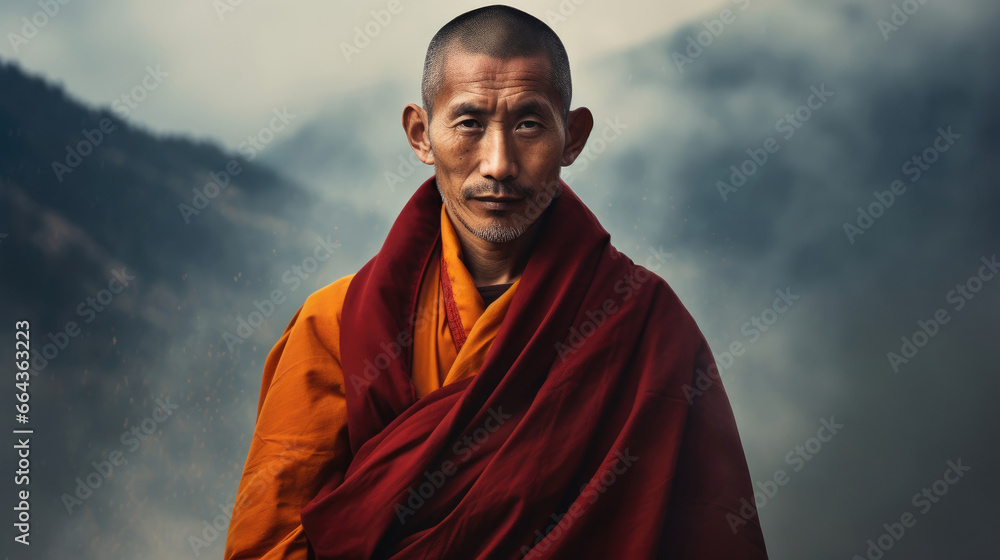 Contemplative Bhutanese Monk Reflecting Against Misty Mountains Contemplative Bhutanese Monk Reflecting Against Misty Mountains