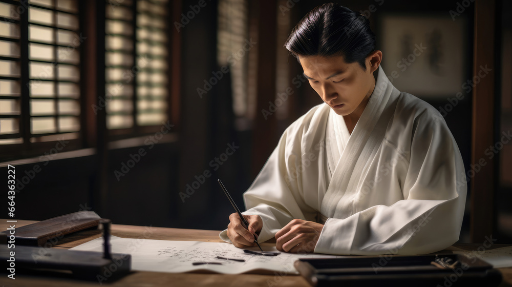 Stoic Korean Scholar Applies Ink with Cultural Reverence