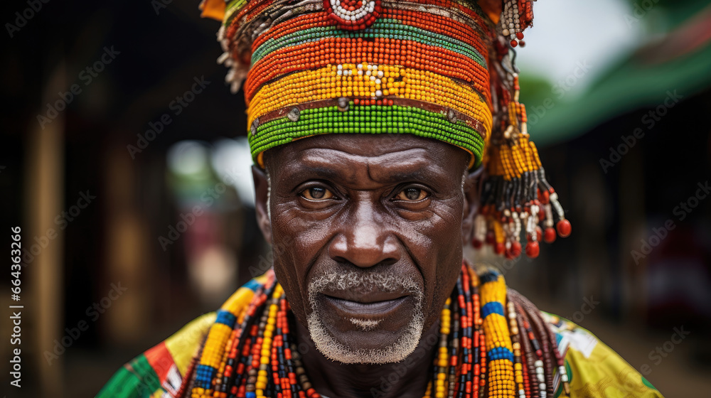 Proud Ghanaian Chief in Regal Kente Cloth Stands Before Village
