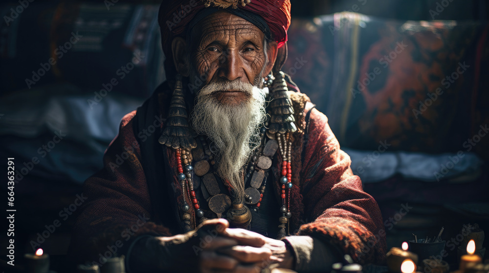 Wise Nepali Shaman Conducts Ritual near Himalayas