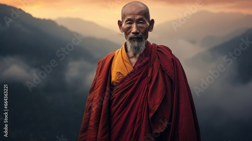 Bhutanese Monk in Saffron Robes Against Misty Mountains photo
