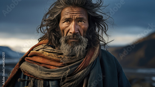 Contemplative Tibetan Nomad in Woven Fabric Gazes Across Plateau