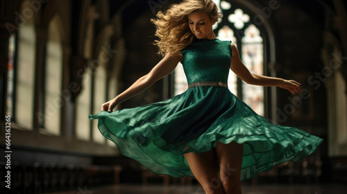 Irish Dancer in Emerald Greens Kicks in Lively Jig © javier