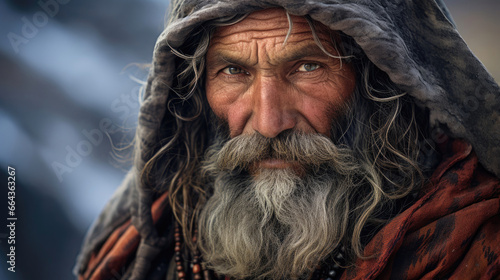 Tibetan Nomad Wrapped in Layers Gazes Across Himalayan Plateau