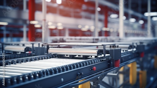 Blank conveyor systems on a fuzzy factory background.