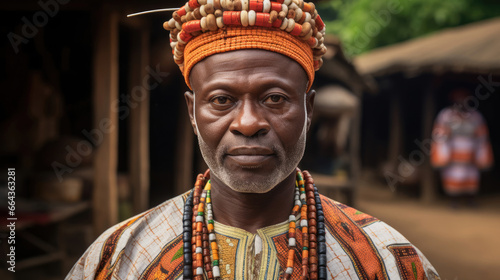 Ghanaian Chief in Regal Attire Stands Before Village
