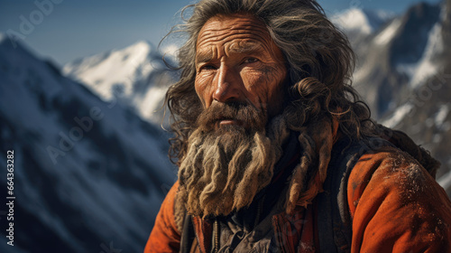 Tibetan Mountaineer with Weathered Clothing in Himalayas