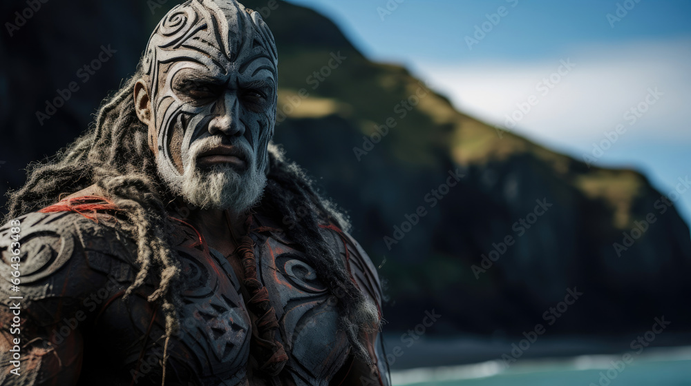 Proud Maori Warrior with Carved Taonga Pūoro and Moko Proud Maori Warrior with Carved Taonga Pūoro and Moko