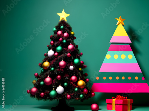 Christmas tree background knolling papercut vintage colors.