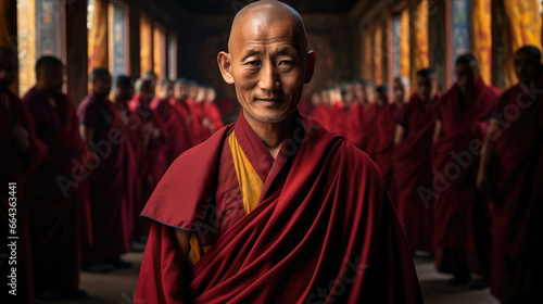 Wise Tibetan Lama Leading Monastic Procession in Ceremony