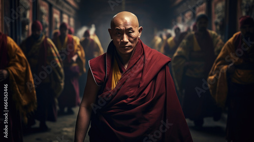 Tibetan Lama in Ceremonial Robes Guiding Monks