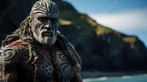 Proud Maori Warrior with Carved Taonga Pūoro and Moko