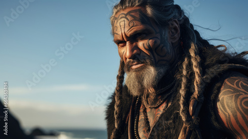 Maori Warrior on Rugged Aotearoa Coastline