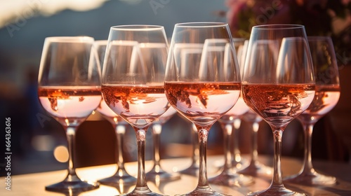 Blush rosé wine glasses catch the light, surrounded by a festive celebration where friends come together to cherish moments.