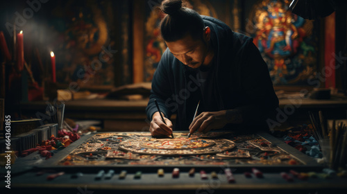 Proud Tibetan thangka painter gazes upon masterpiece with reverence and dedication.