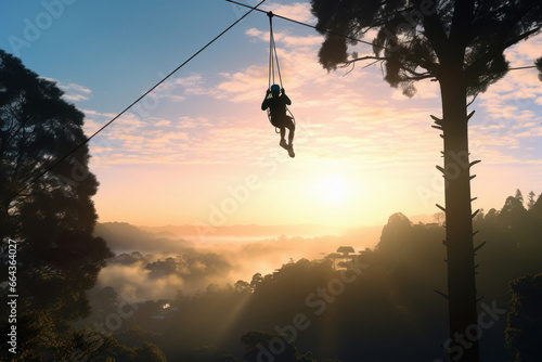 Indian young man zip lining in the forest