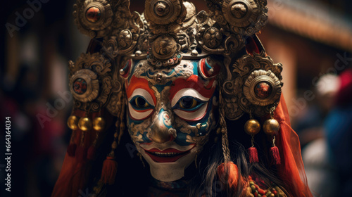Enacting Sacred Ritual: Contemplative Tibetan Mask Dancer in Ornate Costume © javier