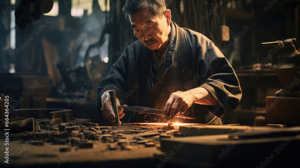 Japanese swordsmith forging katana blade with intensity and skill Japanese swordsmith forging katana blade with intensity and skill