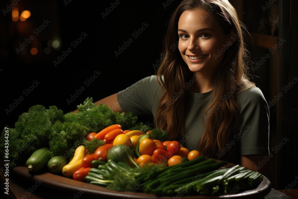 Portrait of a beautiful joyful woman surrounded by fresh juicy vegetables Portrait of a beautiful joyful woman surrounded by fresh juicy vegetables