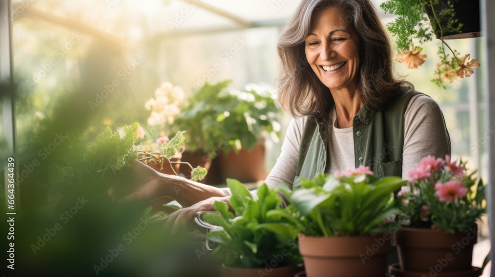 Shot of happy senior woman taking care of her plants while looking at camera in her greenhouse