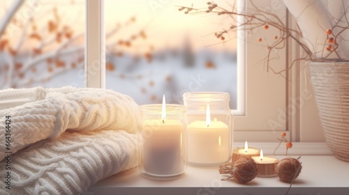 Hygge warmth portrayed by a white sweater and candles on a windowsill.