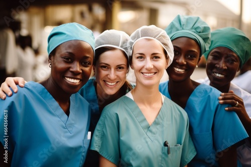Enfermeras y doctoras de diferentes paises colaborando en paises del tercer mundo. Voluntariado.  photo