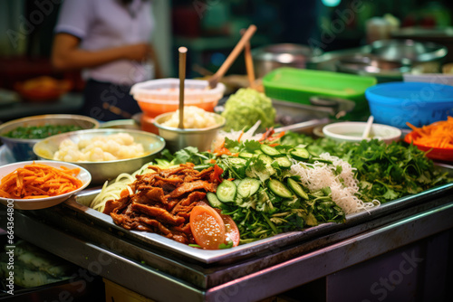 Vietnam's Flavorful Streets: Traditional Street Food, A Close-up Culinary Adventure, from the Fragrant Bowls of Pho to the Delicate Freshness of Spring Rolls, in Bustling Markets.