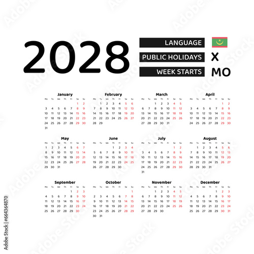 Calendar 2028 English language with Mauritania public holidays. Week starts from Monday. Graphic design vector illustration.
